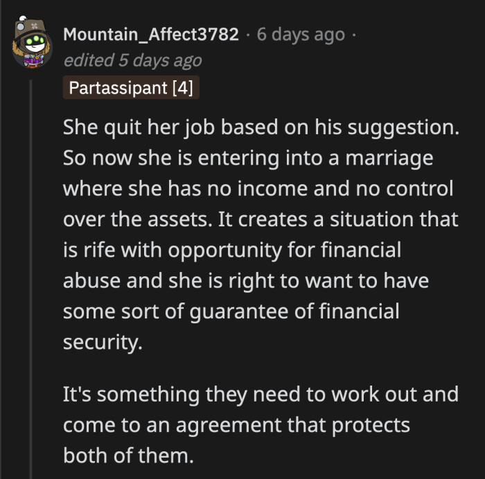 A commenter replied that OP's financial fears are not unfounded given that she has no safety net to fall on if the relationship doesn't work out