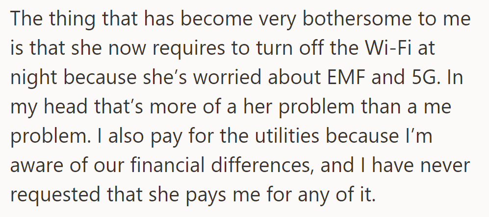 Roommate insists on nightly Wi-Fi shutdowns due to EMF and 5G worries, but OP sees it as her issue.