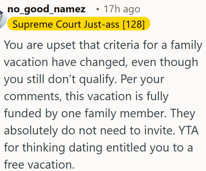 Dating someone doesn't entitle you to a free family vacation