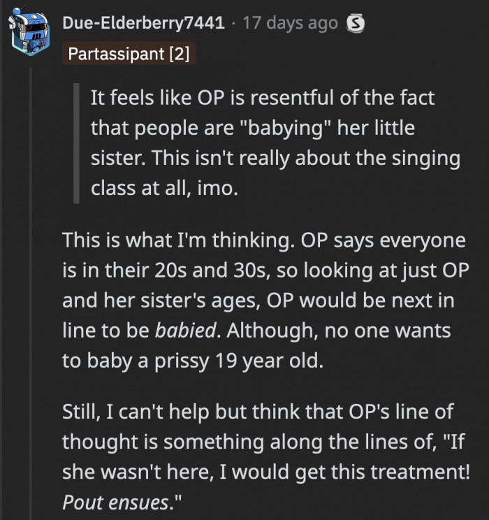 OP’s comments might be fueled by more than her not liking her sister’s performance