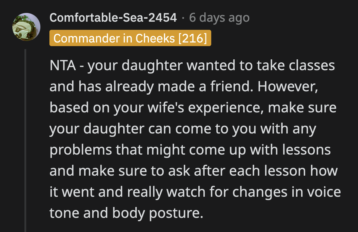 Early comments sided with OP and said he was just allowing his daughter to try out new things.