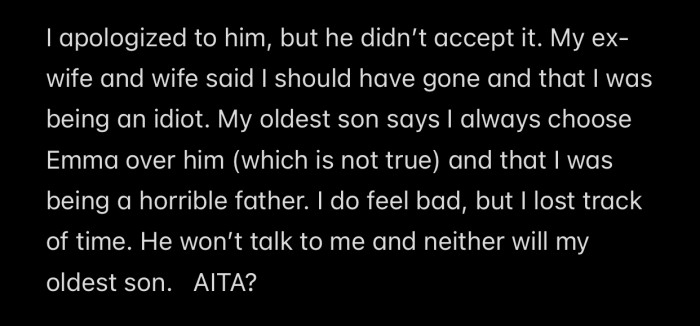 Almost everyone in OP's life told him he messed up by not attending Sam's party.