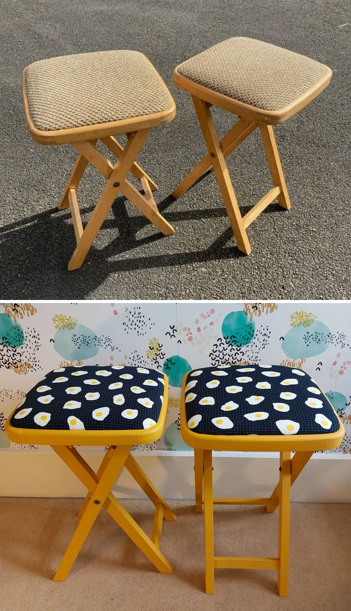 44. They adore these revamped 1960s folding stools, now adorned with a cheeky fried egg theme using Dixie Belle Chalk Paint.