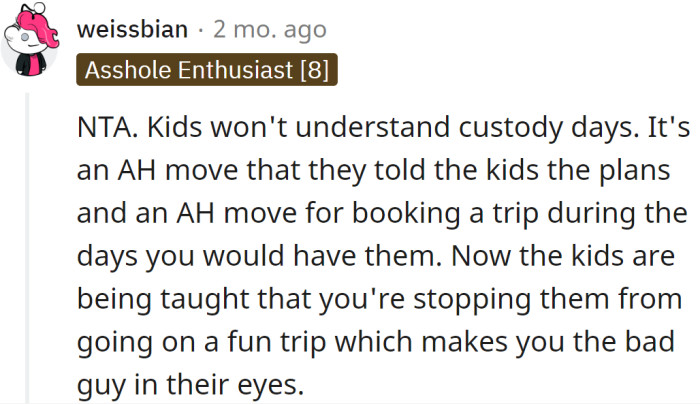 His ex shouldn't have told the kids about the potential trip