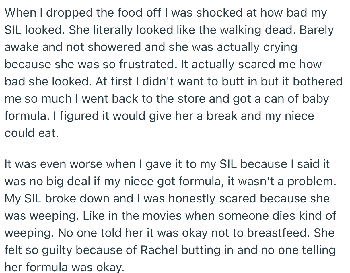 OP introduced her SIL to baby formula, which was a huge relief because she was totally drained from breastfeeding