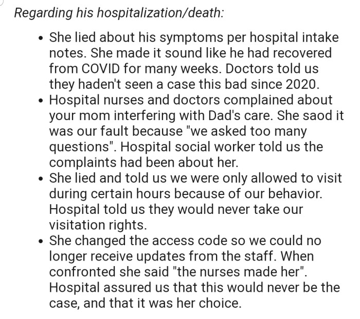 Finally, OP talks about her father's hospitalization and how her stepmother interfered with his care