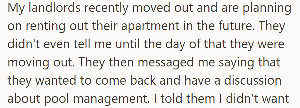 OP's landlords moved out suddenly and plan to rent out their apartment—OP was surprised and received a message from them regarding pool management.
