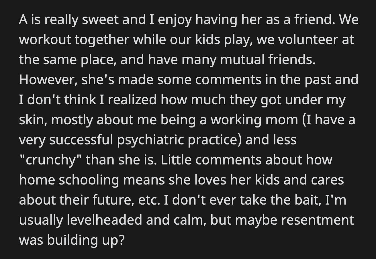 A repeated her spiel for OP to recommend the drink to her patients. She said it would help OP make more money, which would enable her to be a real mom instead of a half-time mom.