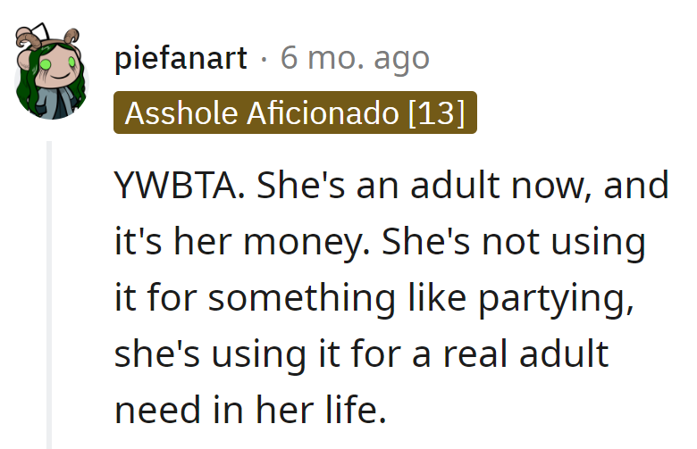 If it's for adulting, not party plotting, let her orchestrate the symphony of her own savings.