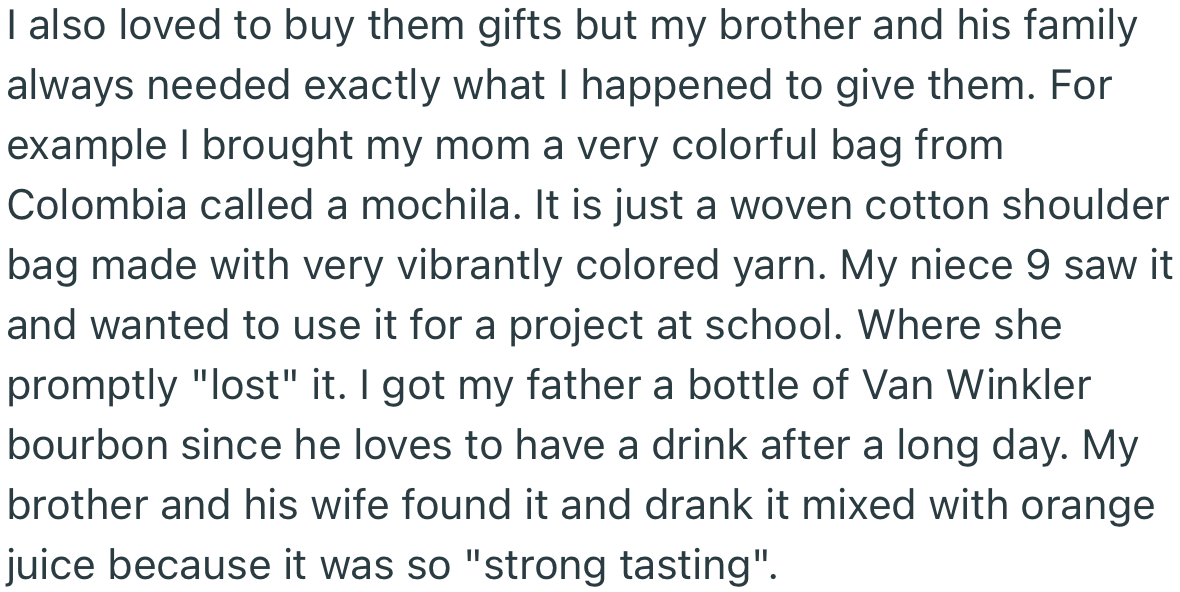 OP also loves buying their parents' gifts, but their brother and his family have a habit of using the gifts for themselves
