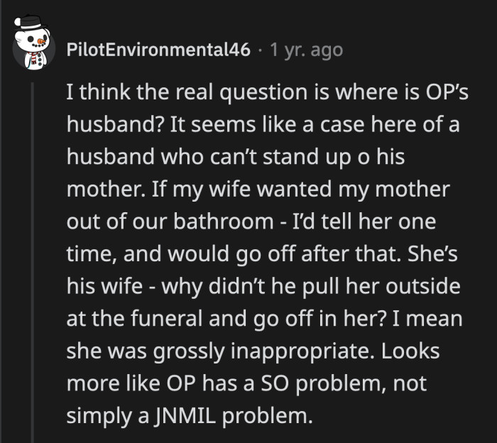 OP's husband should do a better job of keeping his mother in line. OP is out here dodging bullets by herself. She needs assistance.