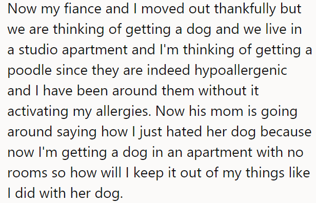 The OP and her fiancé moved out into the new apartment and started thinking about getting a poodle