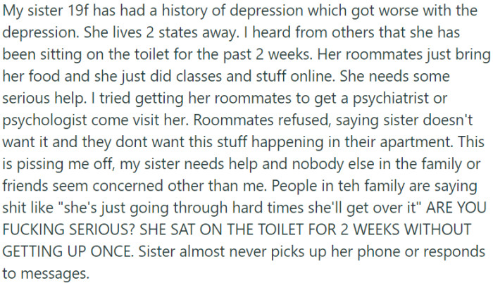 Concerns arise over sister's prolonged isolation on toilet amid worsening depression; urgent help needed