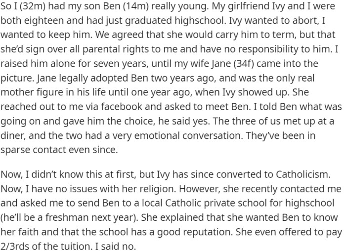 The dad single-handedly brought up the child, and just recently, the mother resurfaced, expressing her wish for the kid to enroll in a nearby Catholic school.