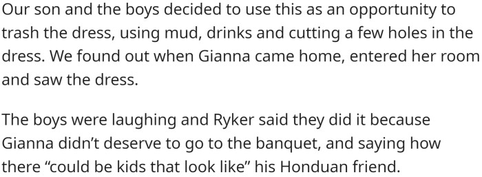 During a sleepover with his friends, Ryker's anger towards his sister's behavior led him to ruin her dress by using mud, drinks, and cutting holes in it.