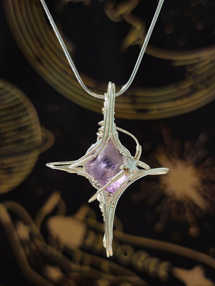 "I Created A Wire Wrapped Cross Starlight Pendant With Amethyst As The Centerpiece"