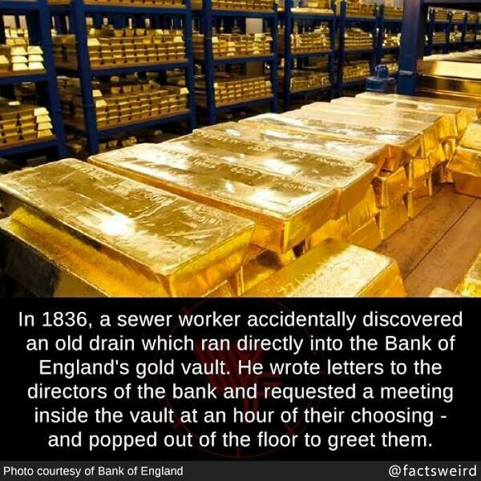 47. A sewer worker found an old drain that led directly into a bank's gold vault