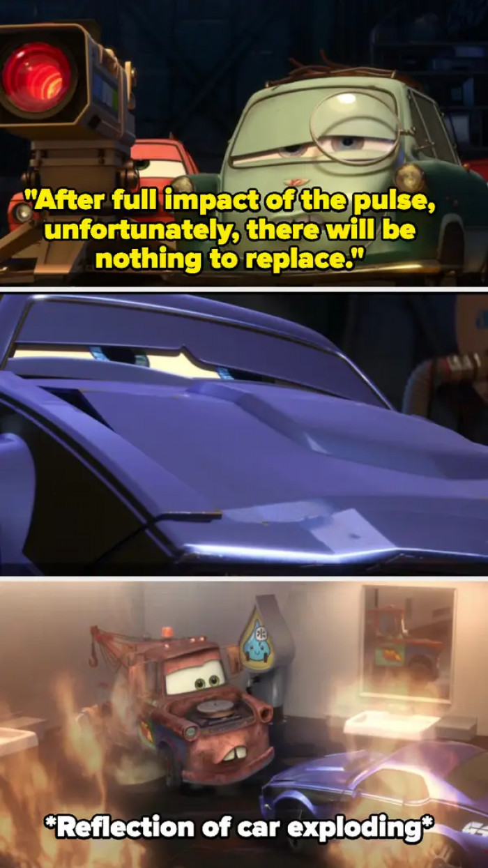 3. Cars 2 (2011): They showed a scene where a good car was being tortured by bad cars. The last we see of the car is him bursting into flames.