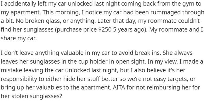 Redditor wonders if she should be held accountable for reimbursing her roommate for the stolen sunglasses