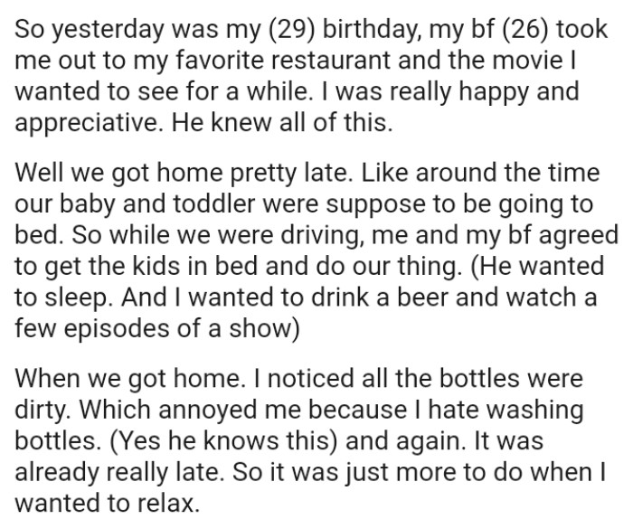 While they were driving back, the OP and her boyfriend agreed to get the kids in bed and do their own thing