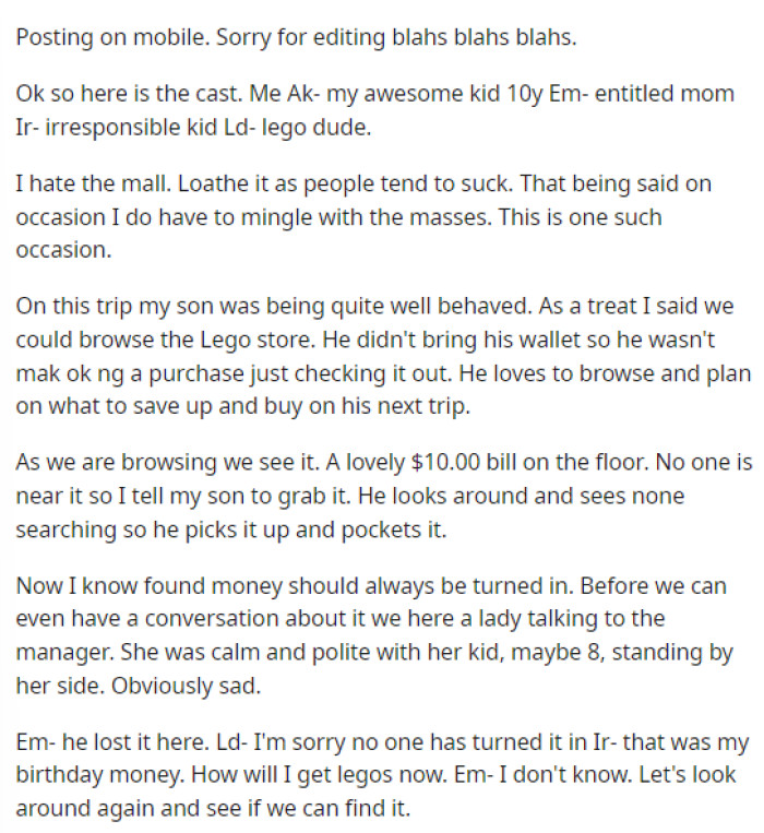 OP's post talks about the situation that happened with the money and then how his kid ended up returning it.