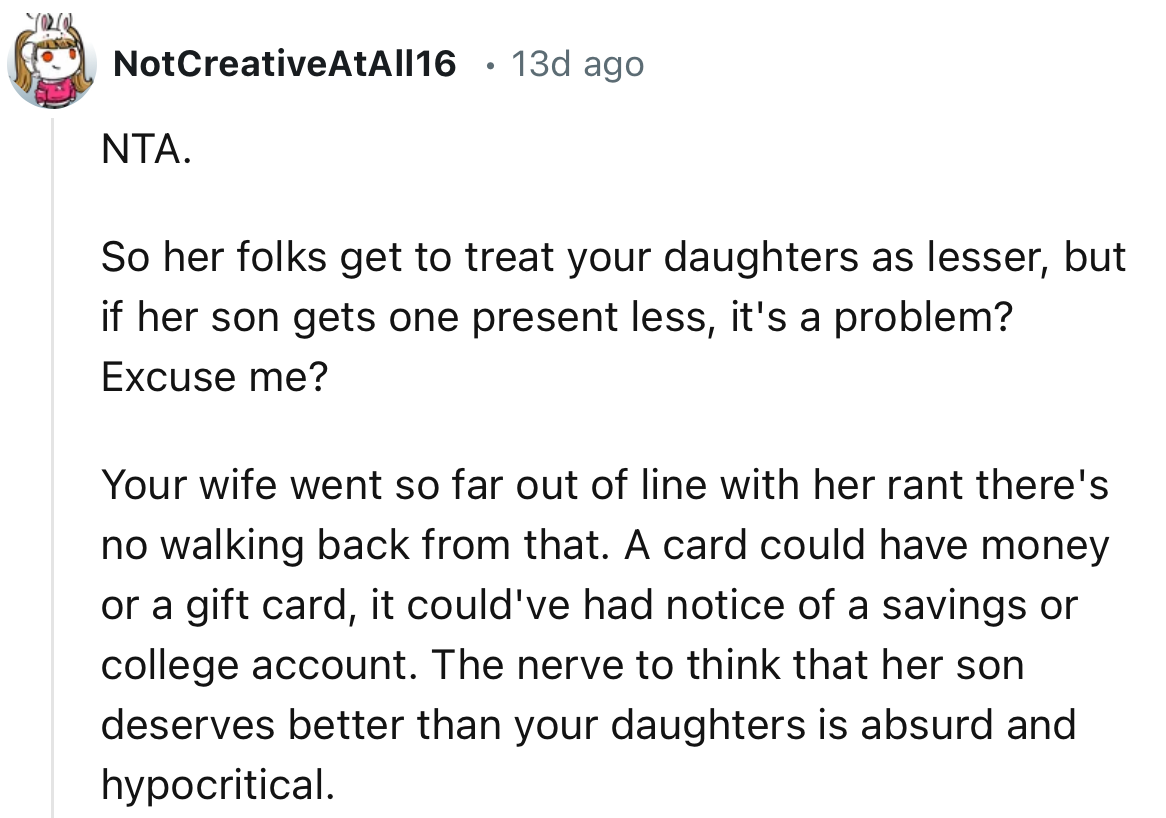 “The nerve to think that her son deserves better than your daughters is absurd and hypocritical.”