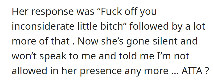 Beth responded with hostility, banning Sam from her presence. Sam wonders if she's in the wrong.