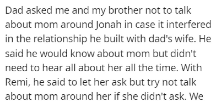 OP's dad wanted the two older siblings to avoid talking about their mother because of the younger two siblings