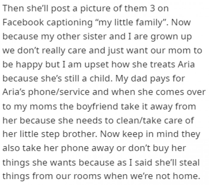 OP and their older sister are grown up, and they only care about their mom being happy, but OP can't stand seeing how Aria is treated