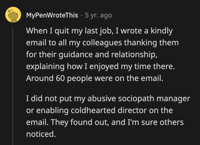 9. All pretense dropped once the two-week notice was given.