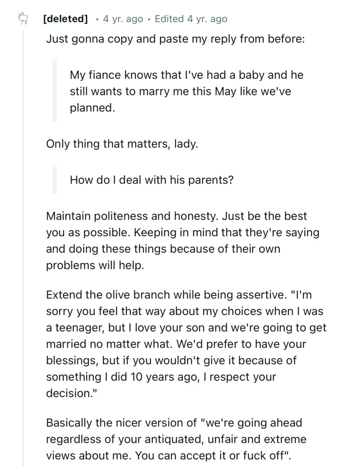 This Redditor provided OP with a reply that she can use on her fiancé’s mom