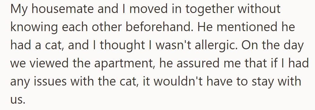 OP moved in with a new housemate who assured them the cat wouldn't trigger allergies.