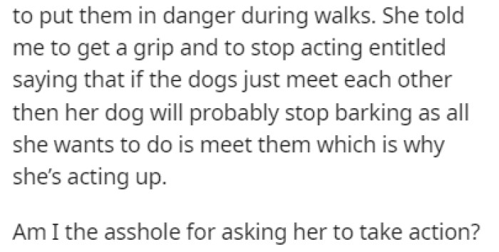 The neighbor believes that it's best if the dogs just meet each other properly