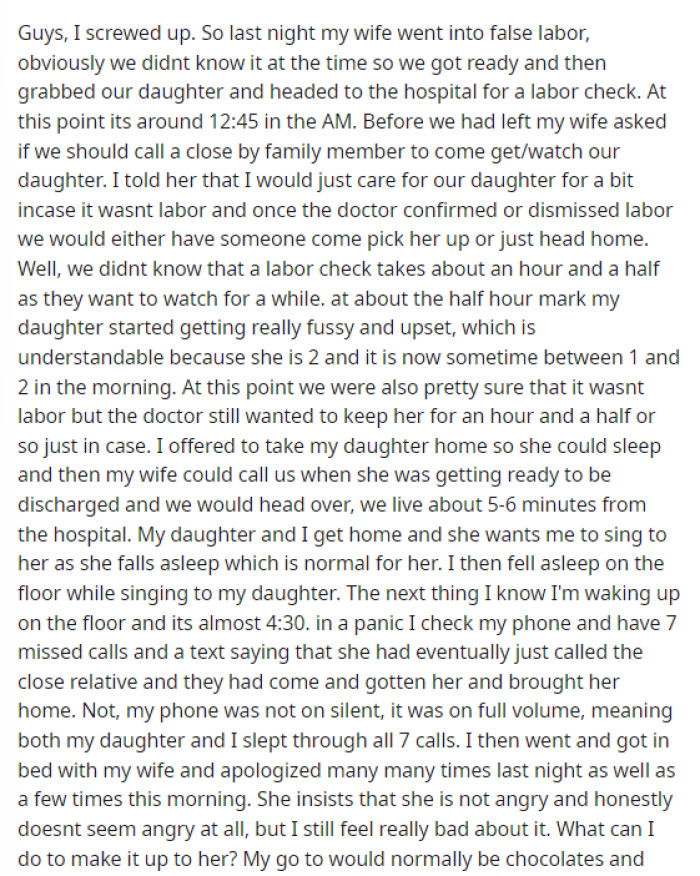 His post is actually very sweet because he explains the chain of events that occurred and then expresses how he feels bad and shares ideas on how he can make it up to her, even though she says she's not mad.