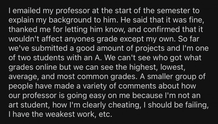 OP contacted her professor at the start of the semester to let him know about her background.