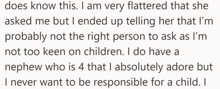 She is clear about her feelings and sets a boundary early, even while trying to be gentle and appreciative.