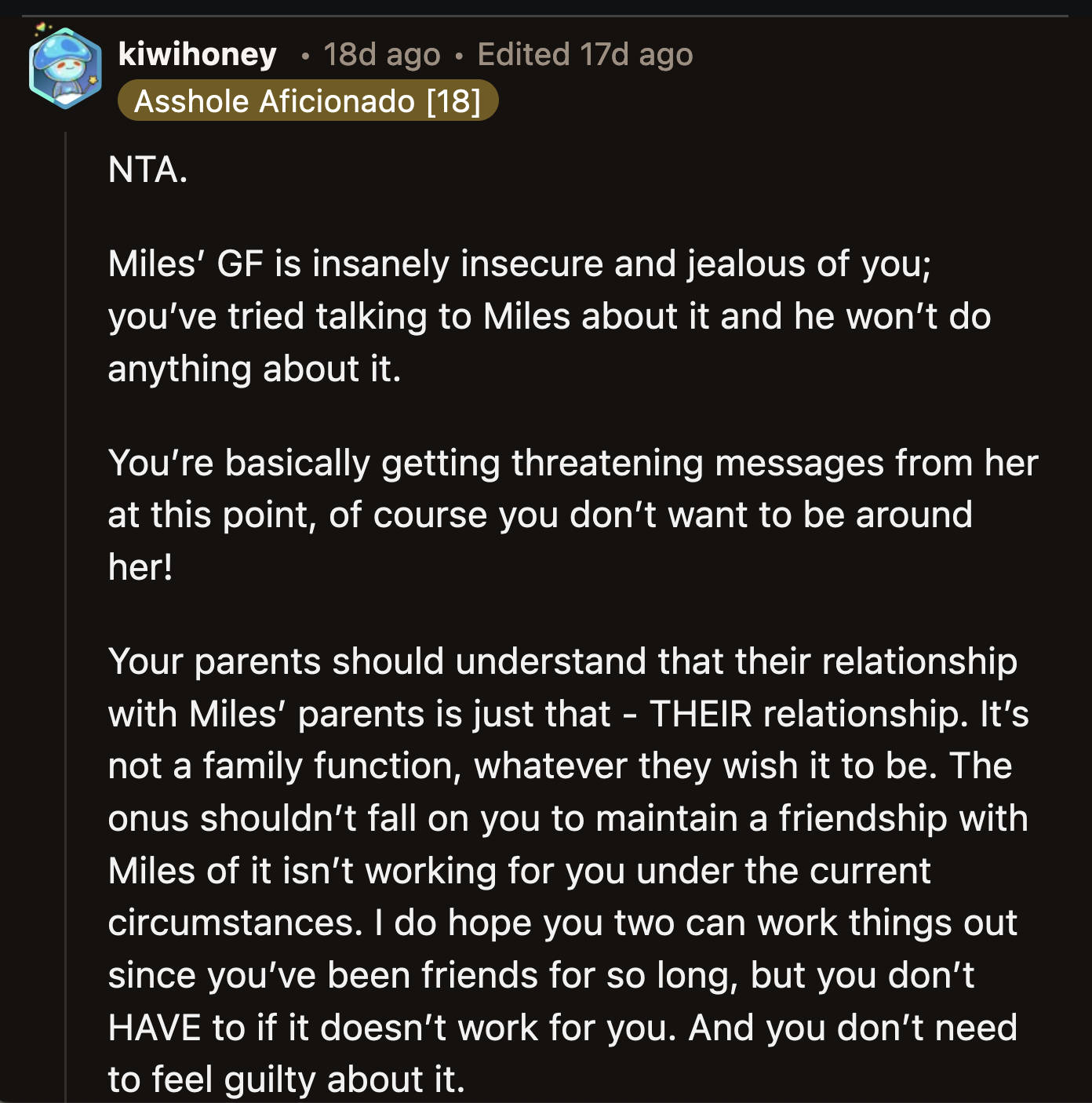 OP was right to stay away from Miles and Lindy for the time being. She shouldn't have to be around someone who made her feel unsafe.