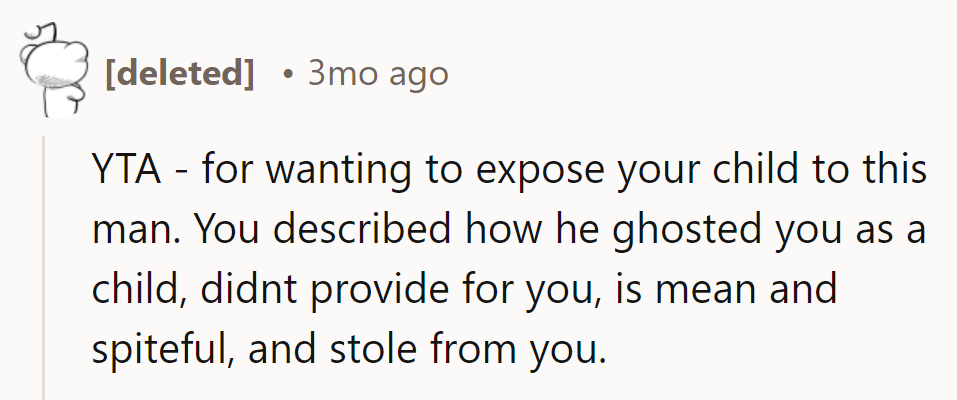 YTA—exposing his child to this man? He ghosted, neglected, and stole from him. Why involve him?