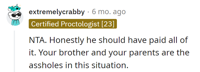 Clearly, the brother should have footed the entire bill. In this situation, the brother and the parents emerge as the true culprits.