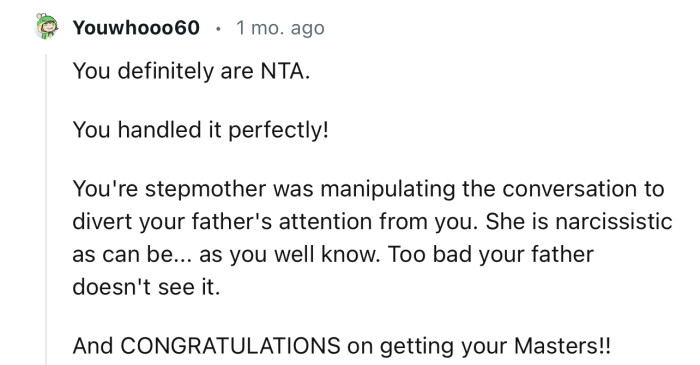 “Your stepmother was manipulating the conversation to divert your father's attention from you.”