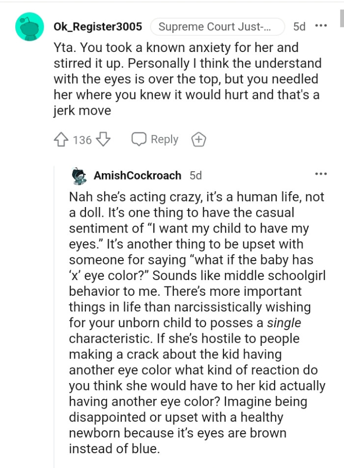 The OP needled her where they knew it would hurt