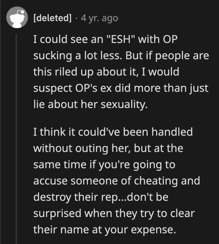 Outing someone is still a terrible thing to do, so for those conflicted, OP can be judged as a justified a**hole.
