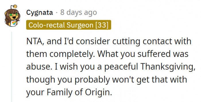 1. Maybe completely cutting off contact with the family would be the best thing for OP