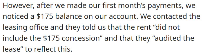 After paying the first month, they noticed there was still an outstanding amount of $175 in their account:
