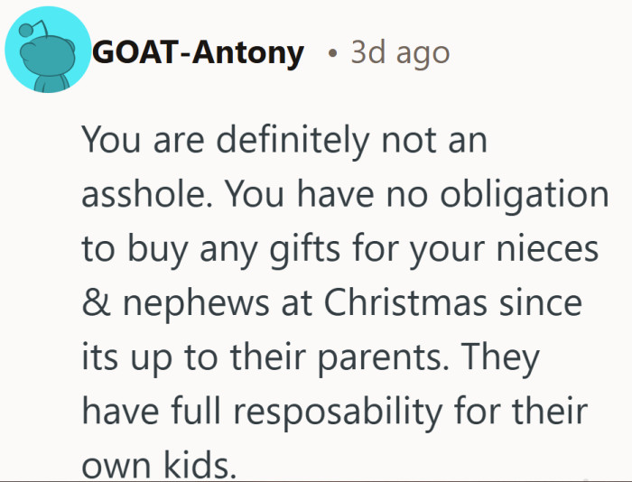 Turns out Santa has boundaries, and they include not footing the bill for an entire generation.