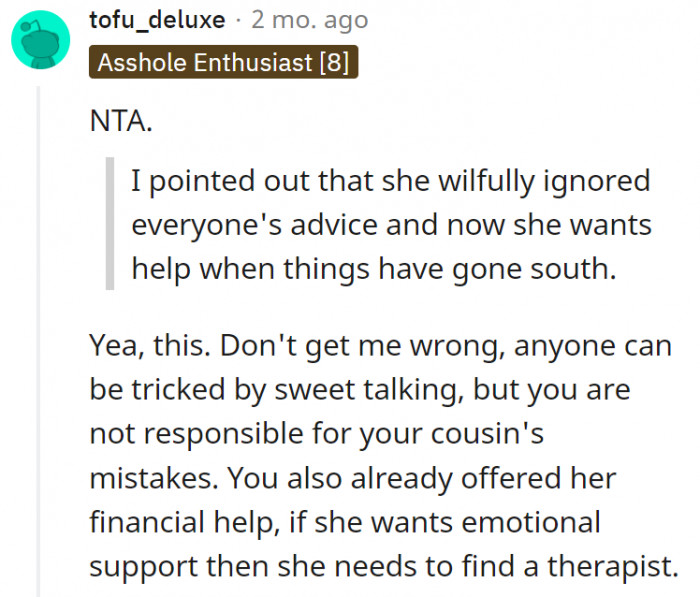 11. OP is not responsible for her cousin's mistakes