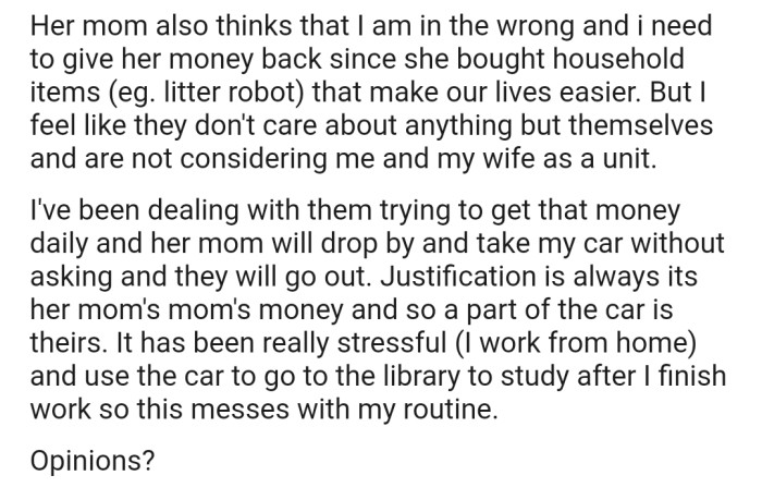 Ever since, OP's wife and her mom have been making his life absolutely stressful
