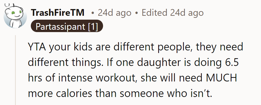 YTA: Her kids are unique; intense workouts need more calories than someone who isn’t as active.