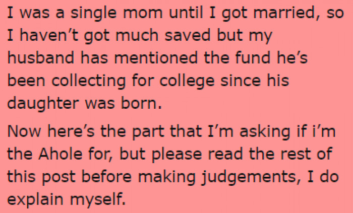 OP explains that she was a single mom until this marriage, so she hasn't saved up much, unlike her husband