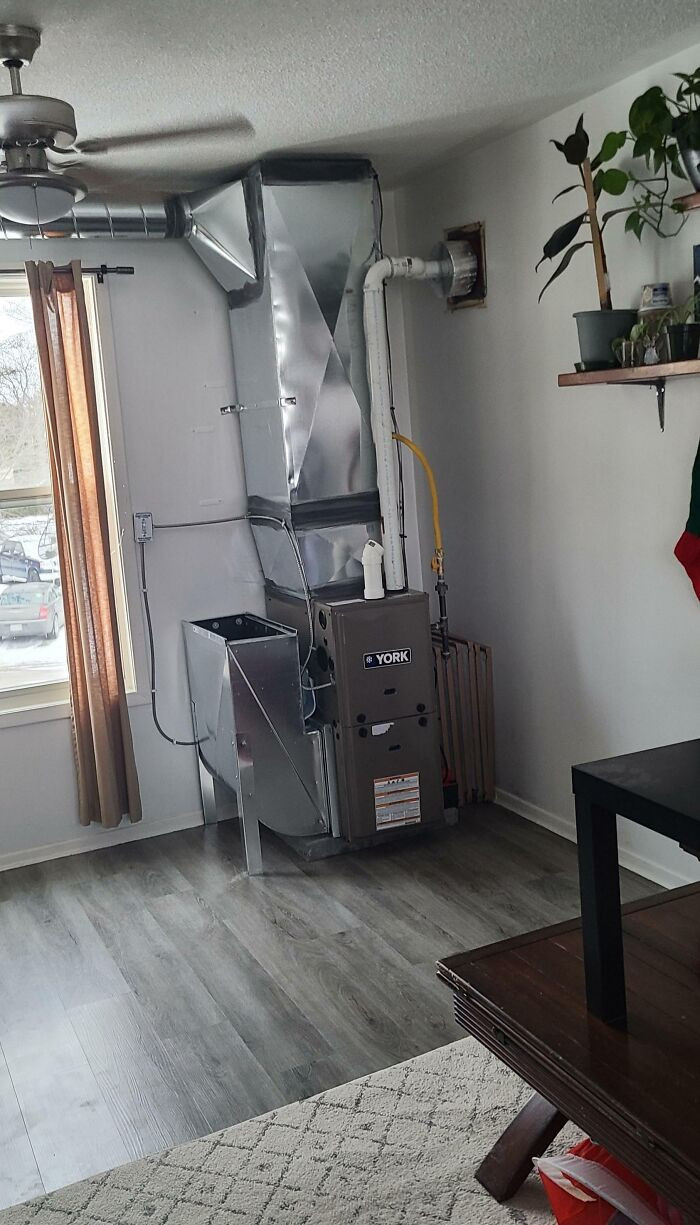 9. I informed our landlord about the gas fireplace leaking carbon monoxide. I returned to find this enormous eyesore in our living room.